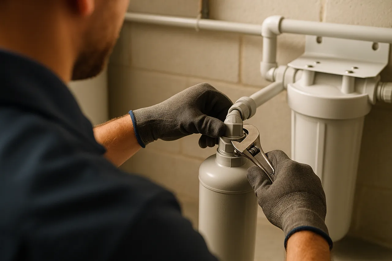 Technicien installant un système de filtration d'eau résidentiel